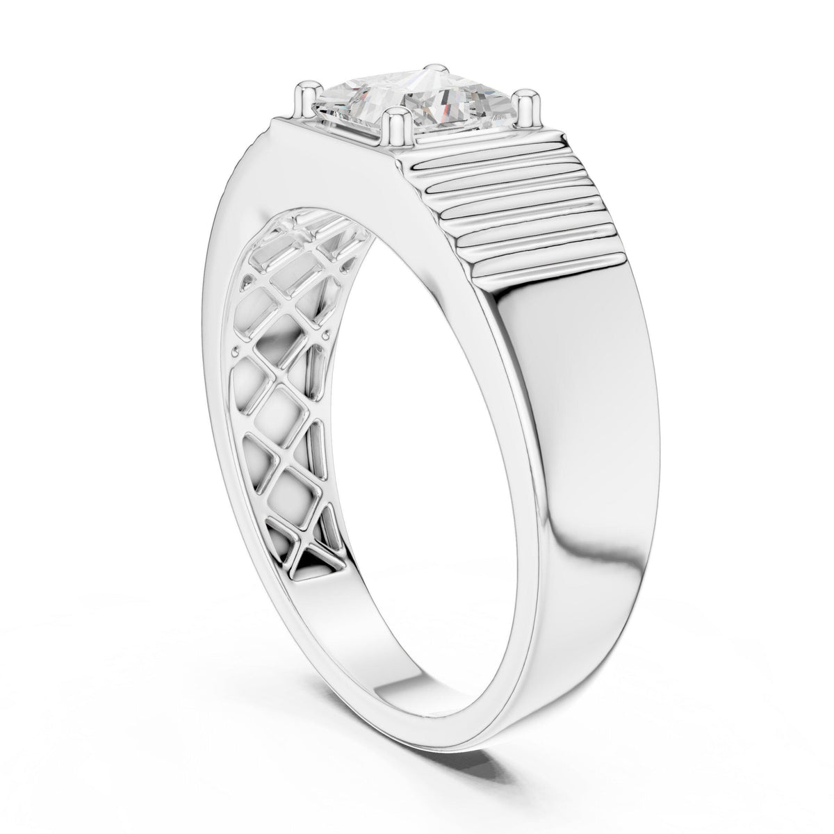 Men's Princess-Cut Moissanite Ring, Grooved Wide Band – 925 Sterling Silver, 18K Gold Vermeil