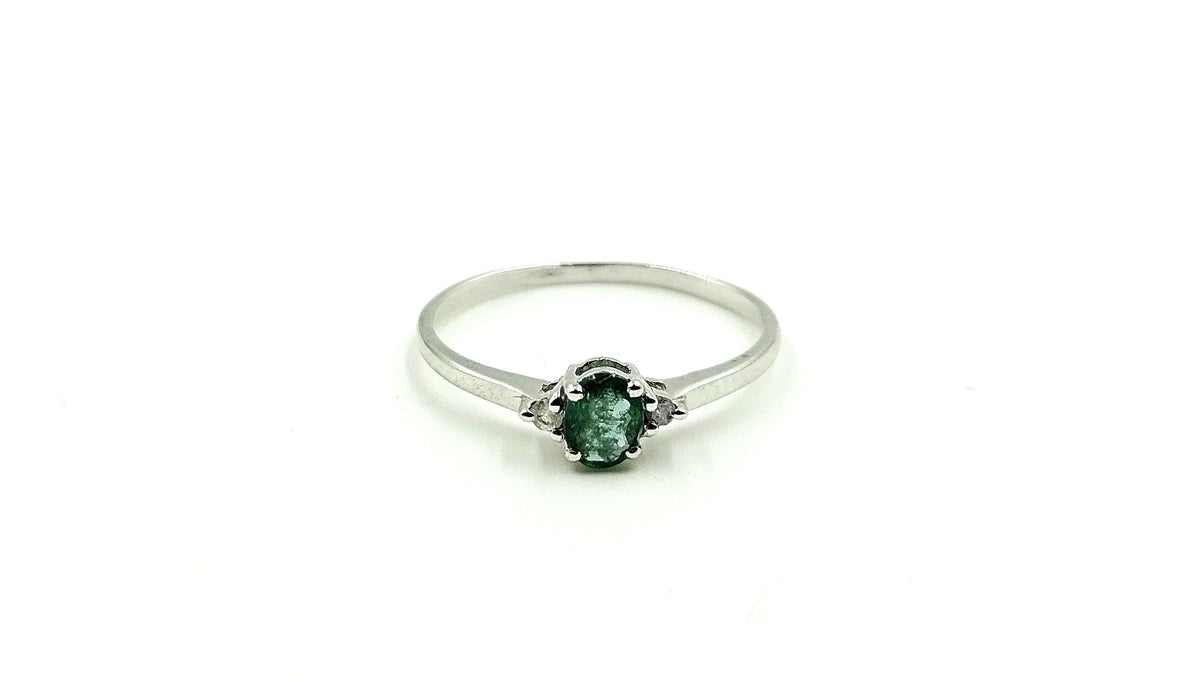 Oval Emerald Solitaire Ring with Diamond Accents – 925 Sterling Silver, 18K White Gold Vermeil