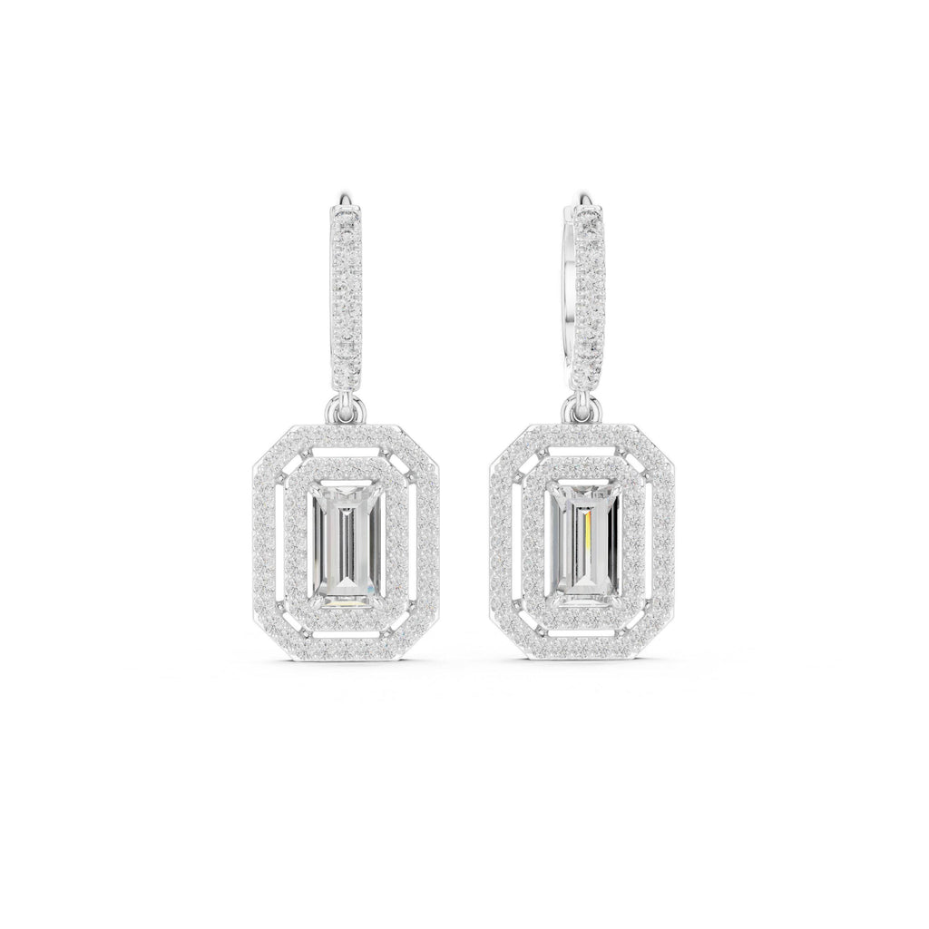 Emerald-Cut Moissanite Double-Halo Drop Earrings – 925 Sterling Silver, 18K Gold Vermeil