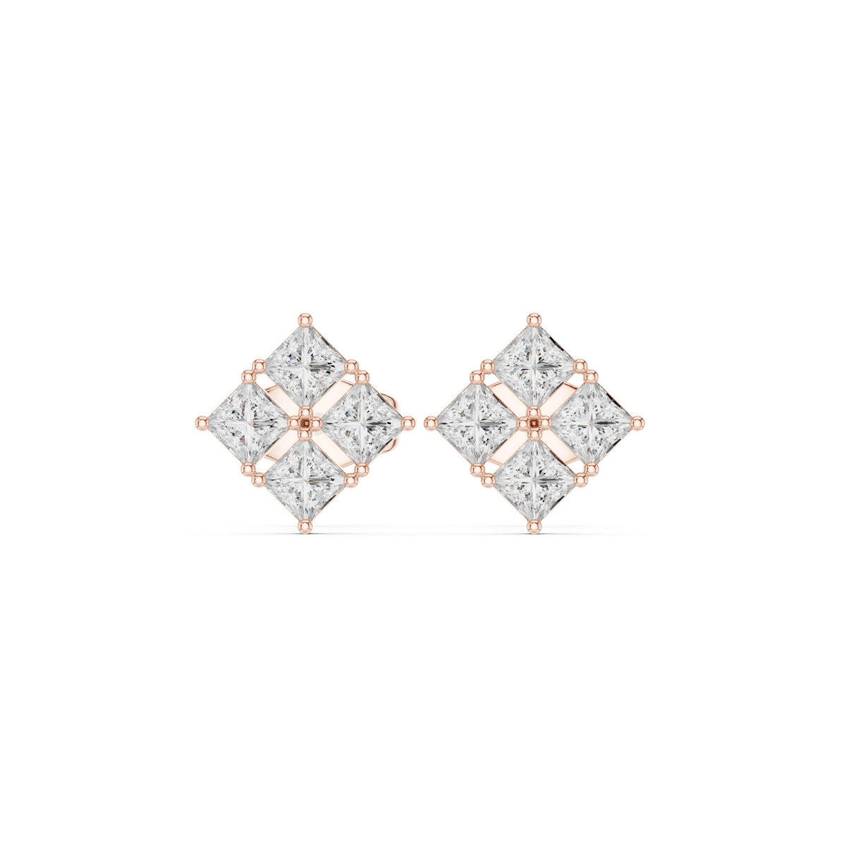 Princess Moissanite Four-Stone Stud Earrings – 925 Sterling Silver, 18K Gold Vermeil