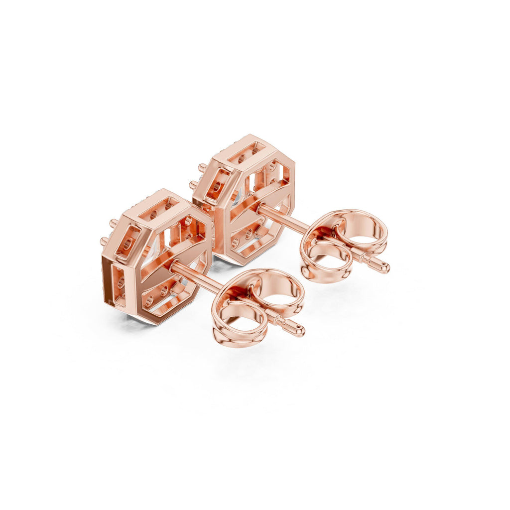Emerald-Cut Moissanite Octagon Halo Stud Earrings – 925 Sterling Silver, 18K Gold Vermeil