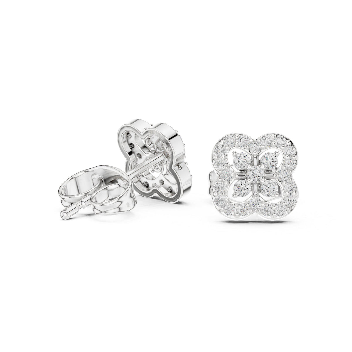 Moissanite Pavé Quatrefoil Stud Earrings – 925 Sterling Silver, 18K Gold Vermeil
