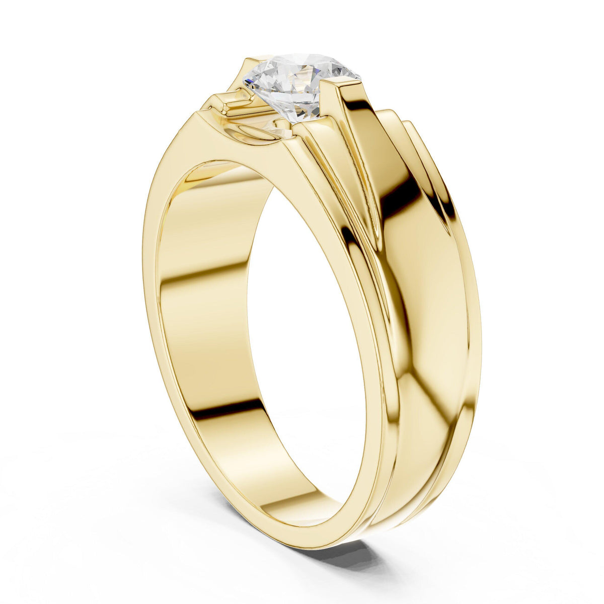 Men's Round Moissanite Ring, Stepped Square Setting – 925 Sterling Silver, 18K Gold Vermeil