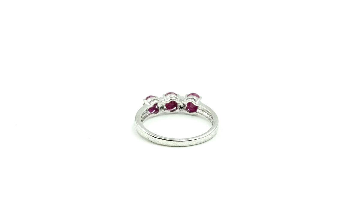 Three-Stone Ruby Ring with Diamond Accents – 925 Sterling Silver, 18K White Gold Vermeil