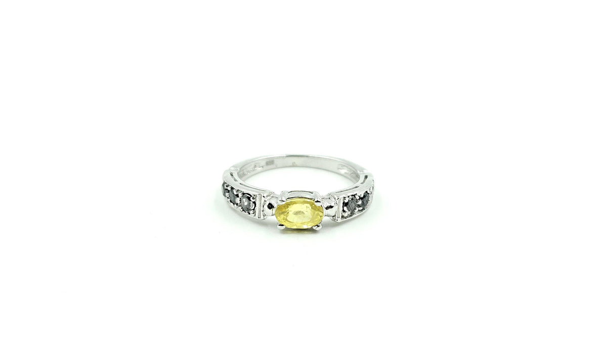Oval Yellow Sapphire & Black Diamond Ring – 925 Sterling Silver, 18K White Gold Vermeil