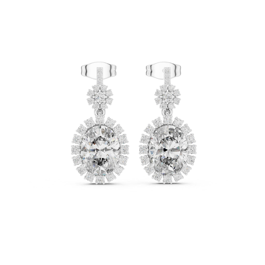 Oval Moissanite Sunburst Halo Drop Earrings – 925 Sterling Silver, 18K Gold Vermeil