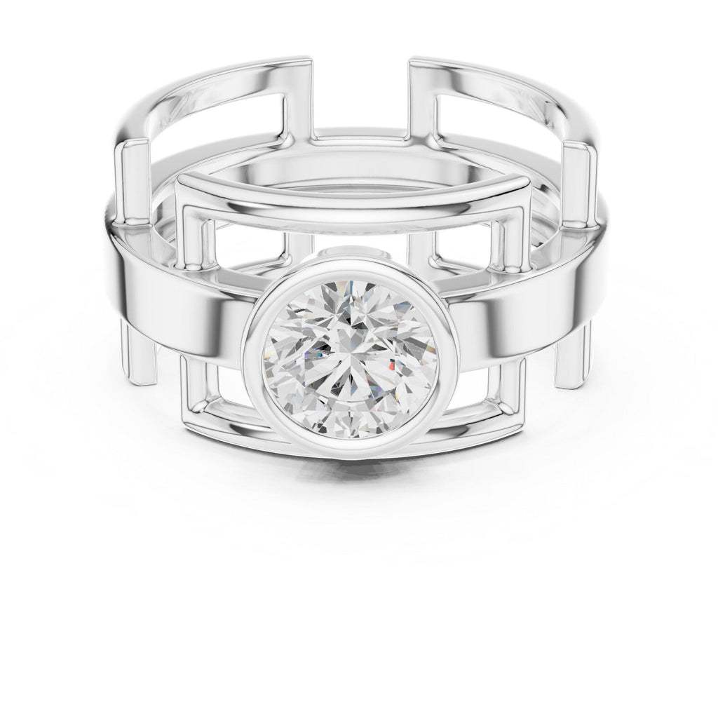 Men's Geometric Lattice Ring with Round Moissanite – 925 Sterling Silver, 18K Gold Vermeil