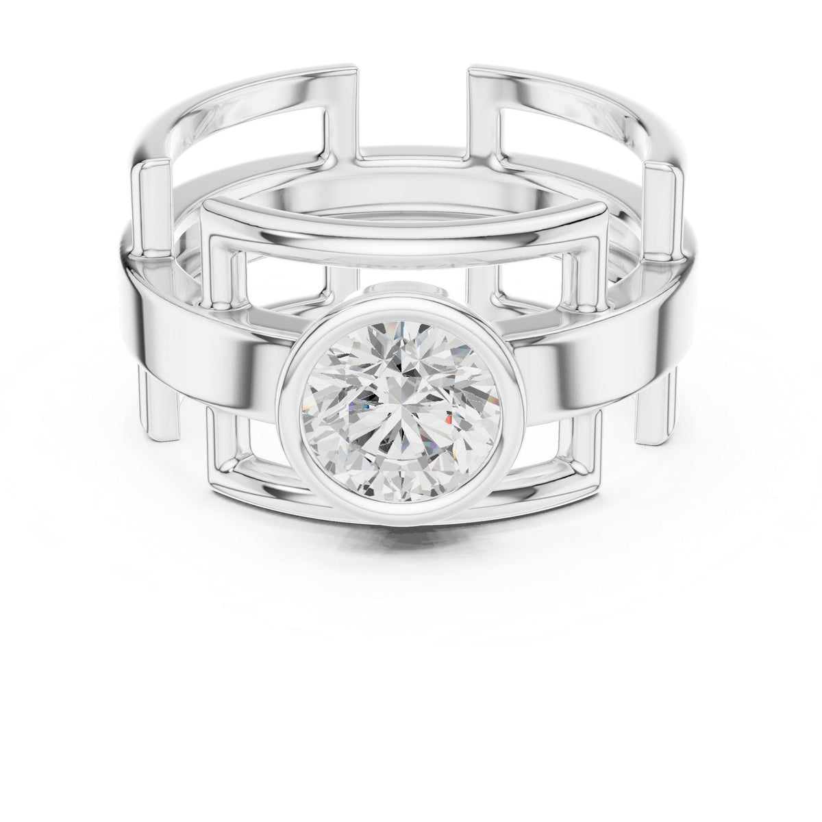 Men's Geometric Lattice Ring with Round Moissanite – 925 Sterling Silver, 18K Gold Vermeil