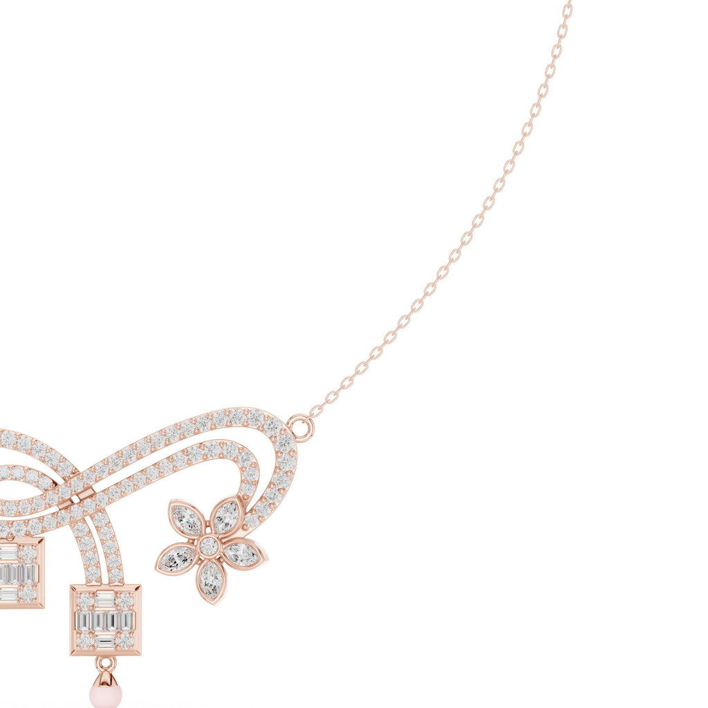 Moissanite Pavé Flower & Baguette Drop Necklace – 925 Sterling Silver, 18K Gold Vermeil