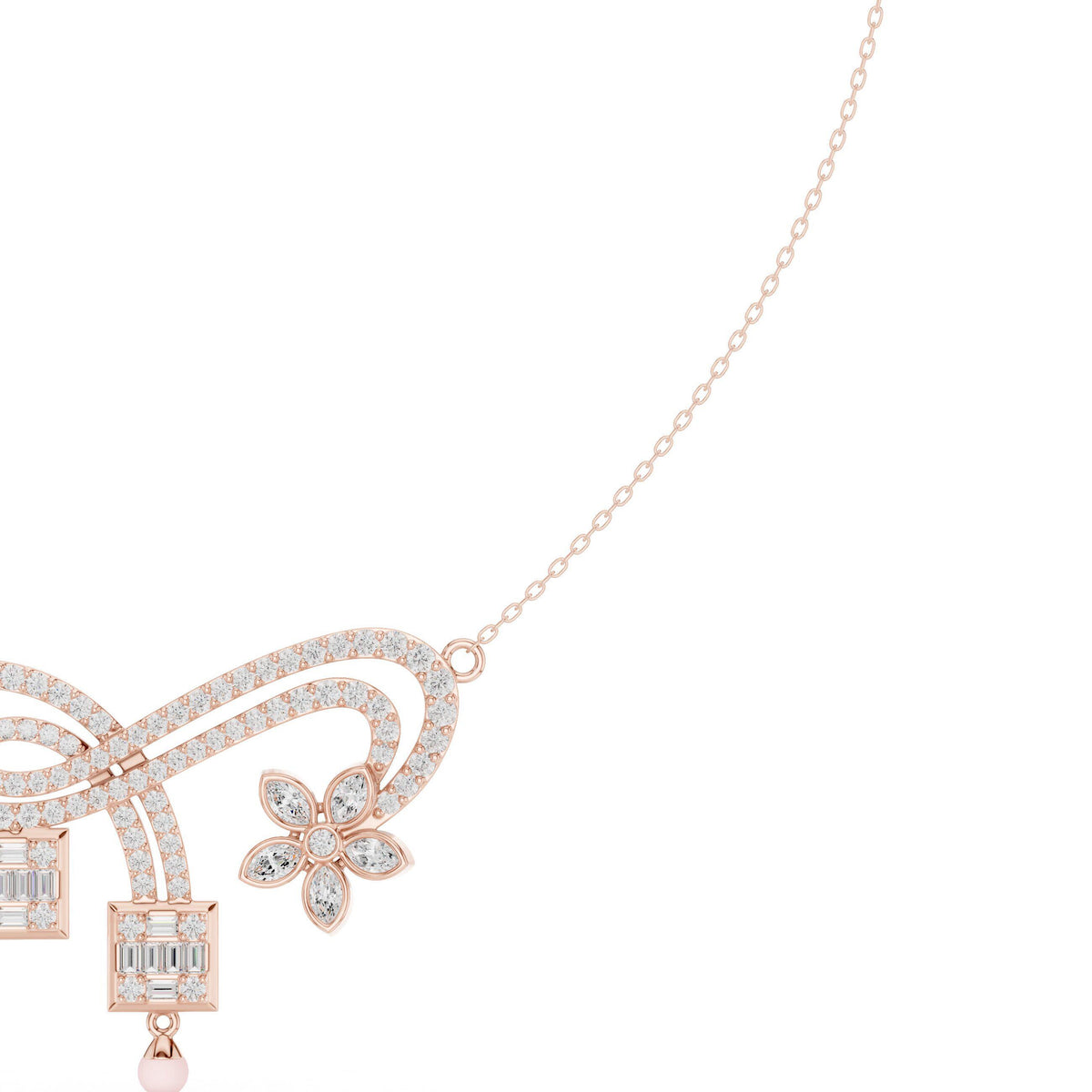 Moissanite Pavé Flower & Baguette Drop Necklace – 925 Sterling Silver, 18K Gold Vermeil