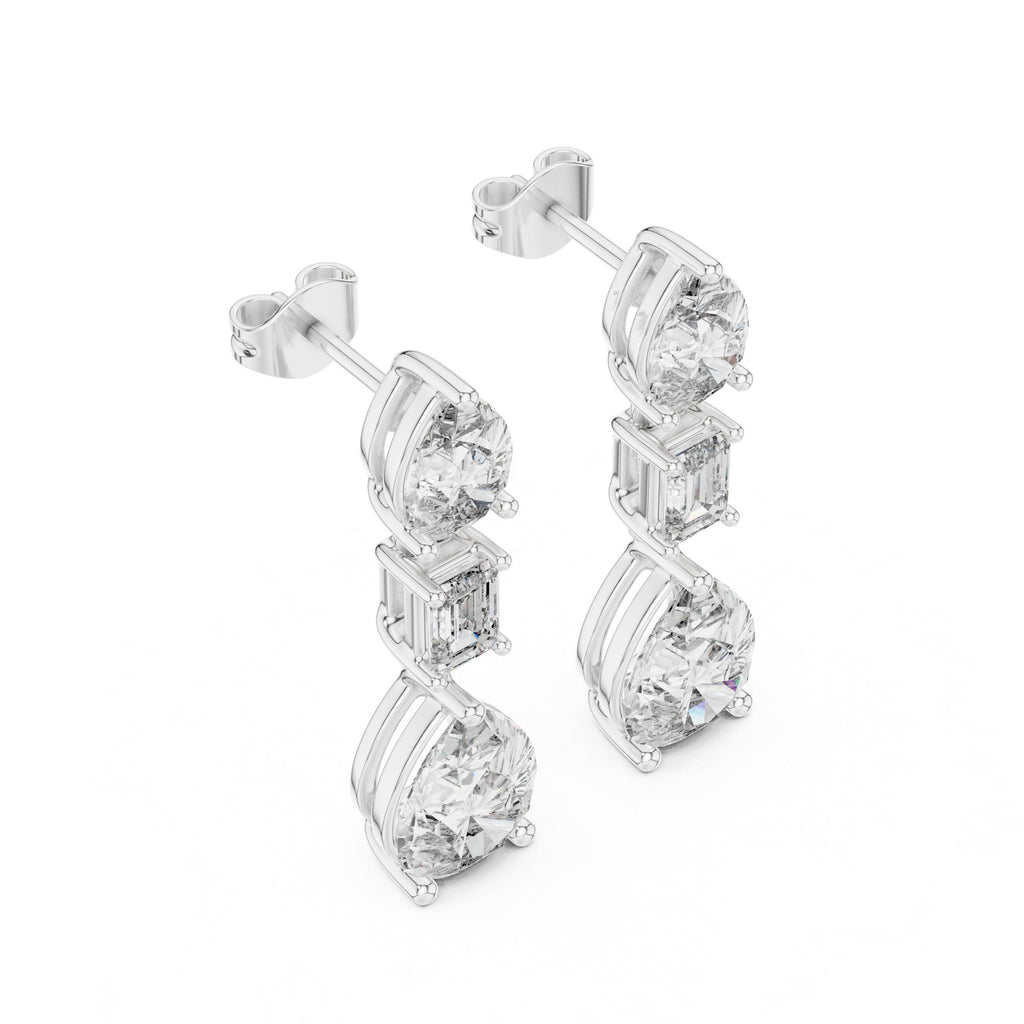 Pear & Emerald-Cut Moissanite Three-Stone Drop Earrings – 925 Sterling Silver, 18K Gold Vermeil