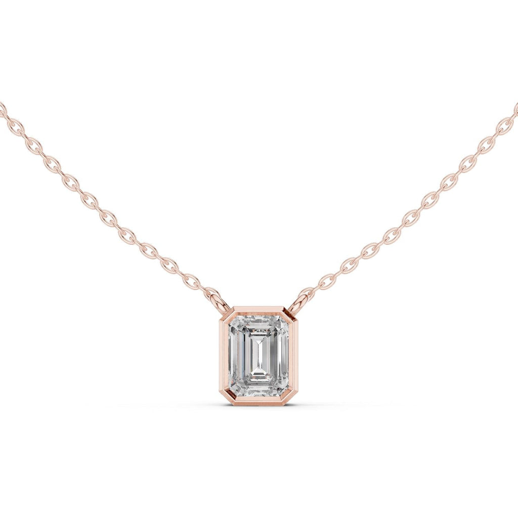 Emerald-Cut Moissanite Bezel Solitaire Necklace – 925 Sterling Silver, 18K Gold Vermeil