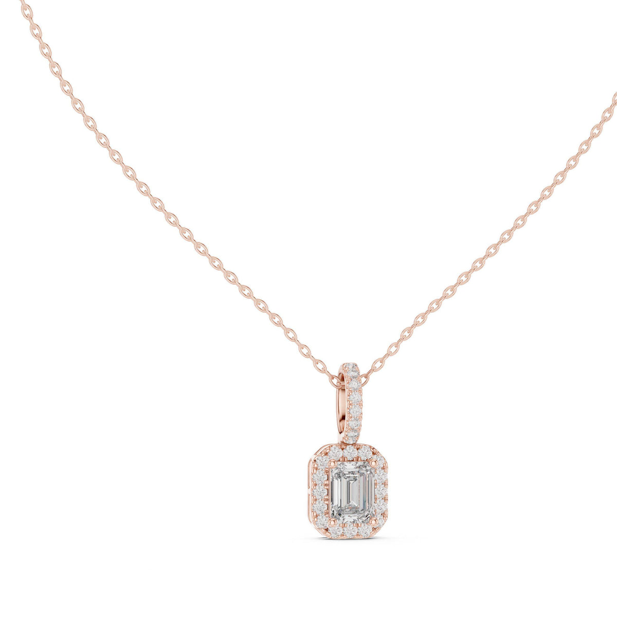 Emerald-Cut Moissanite Halo Pendant Necklace – 925 Sterling Silver, 18K Gold Vermeil