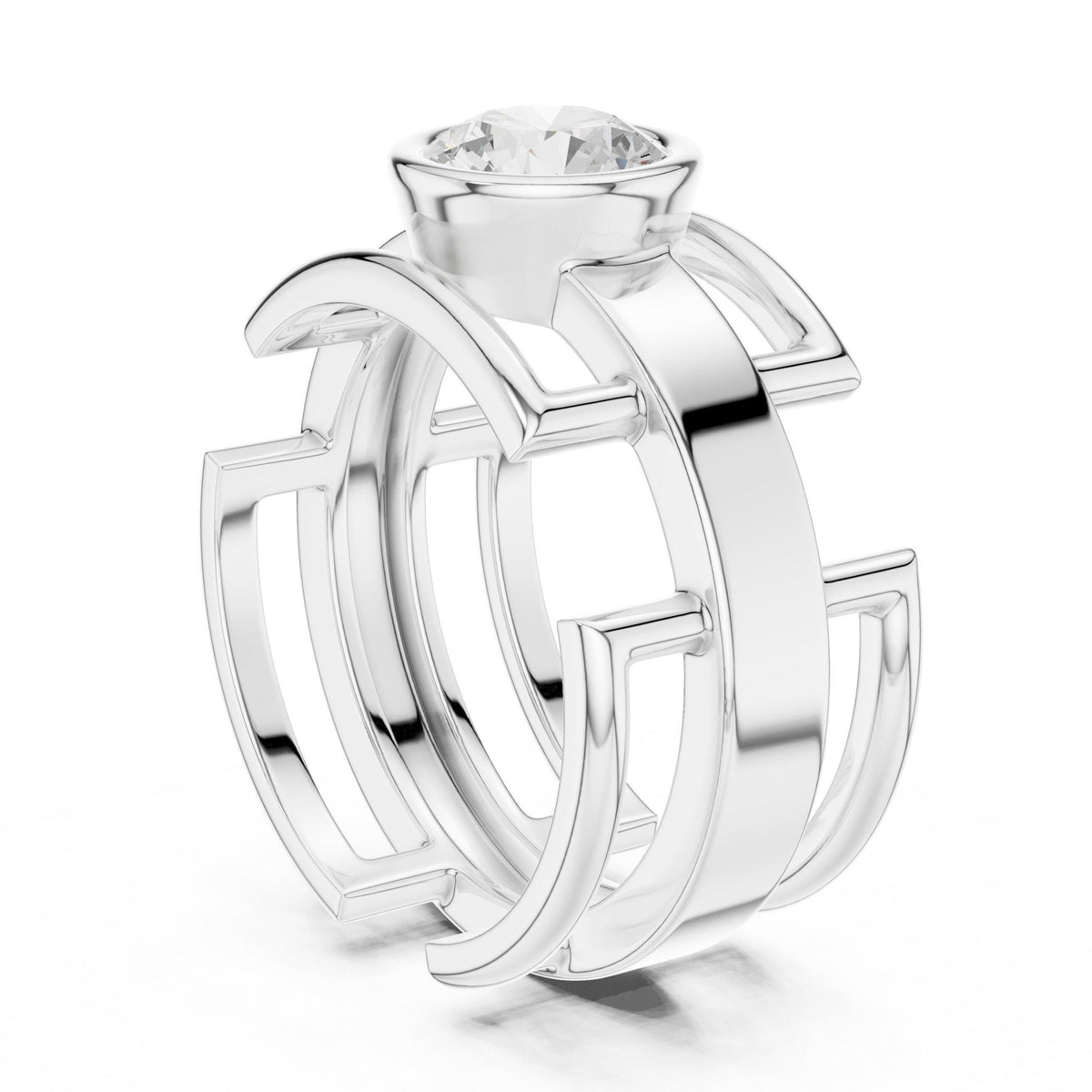 Men's Geometric Lattice Ring with Round Moissanite – 925 Sterling Silver, 18K Gold Vermeil