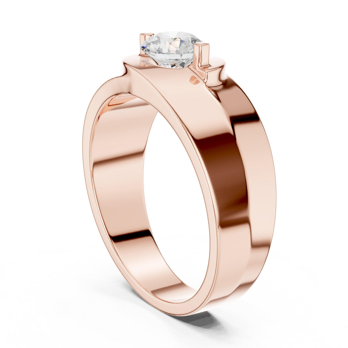 Men's Round Moissanite Ring, Tapered Wide Band – 925 Sterling Silver, 18K Gold Vermeil