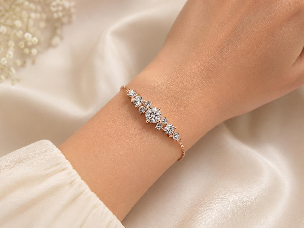 Graduated Moissanite Cluster Chain Bracelet – 925 Sterling Silver, 18K Gold Vermeil