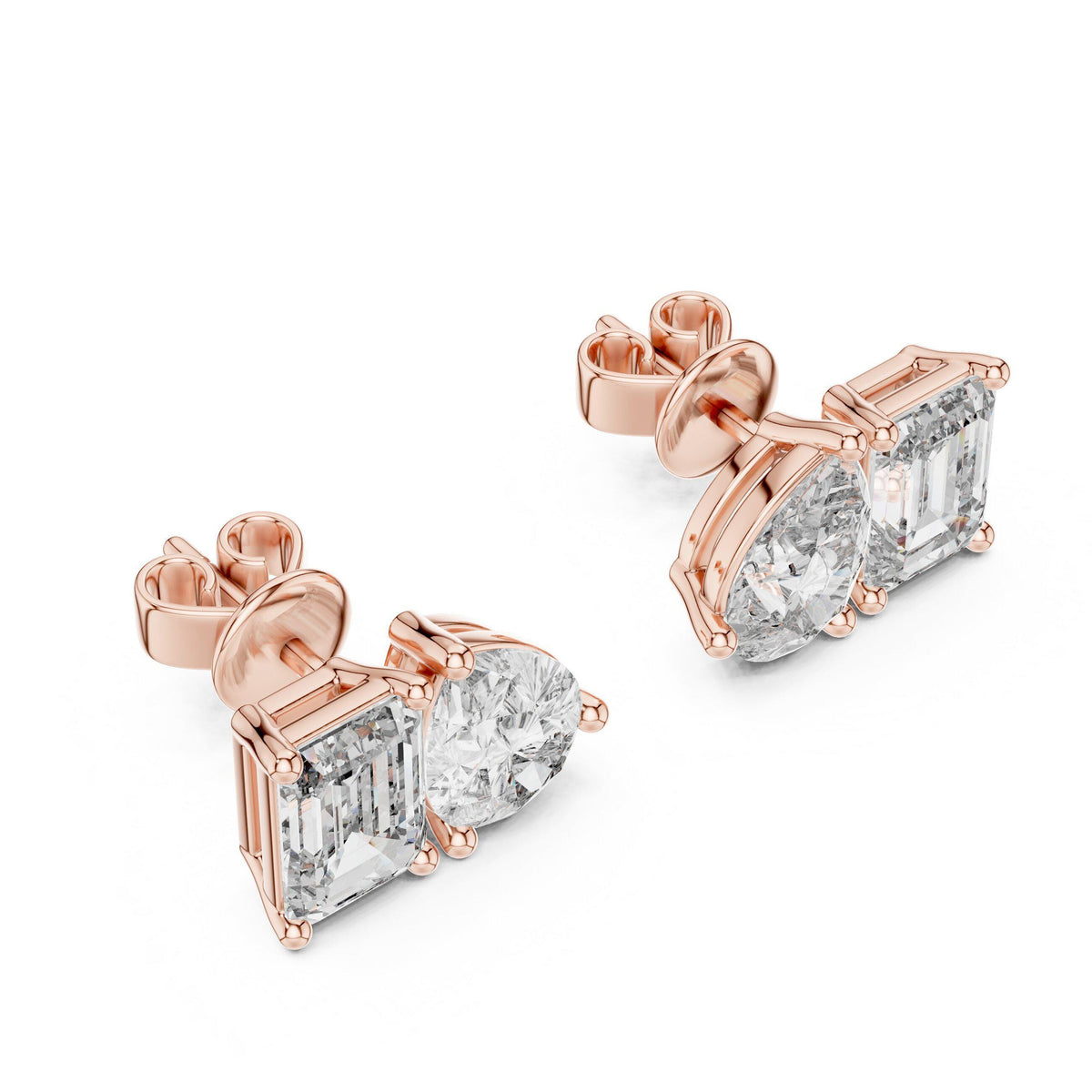Heart & Emerald-Cut Moissanite Toi et Moi Stud Earrings – 925 Sterling Silver, 18K Gold Vermeil