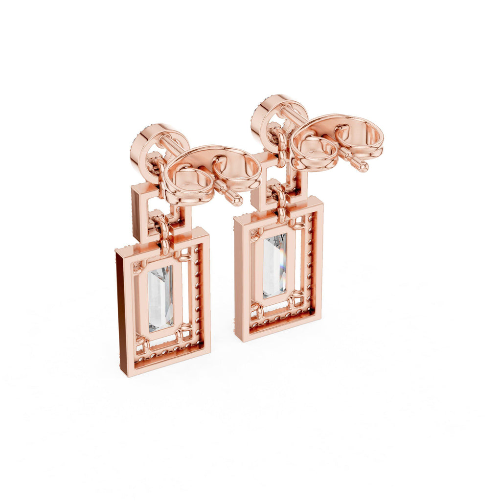 Emerald-Cut Moissanite Geometric Halo Drop Earrings – 925 Sterling Silver, 18K Gold Vermeil