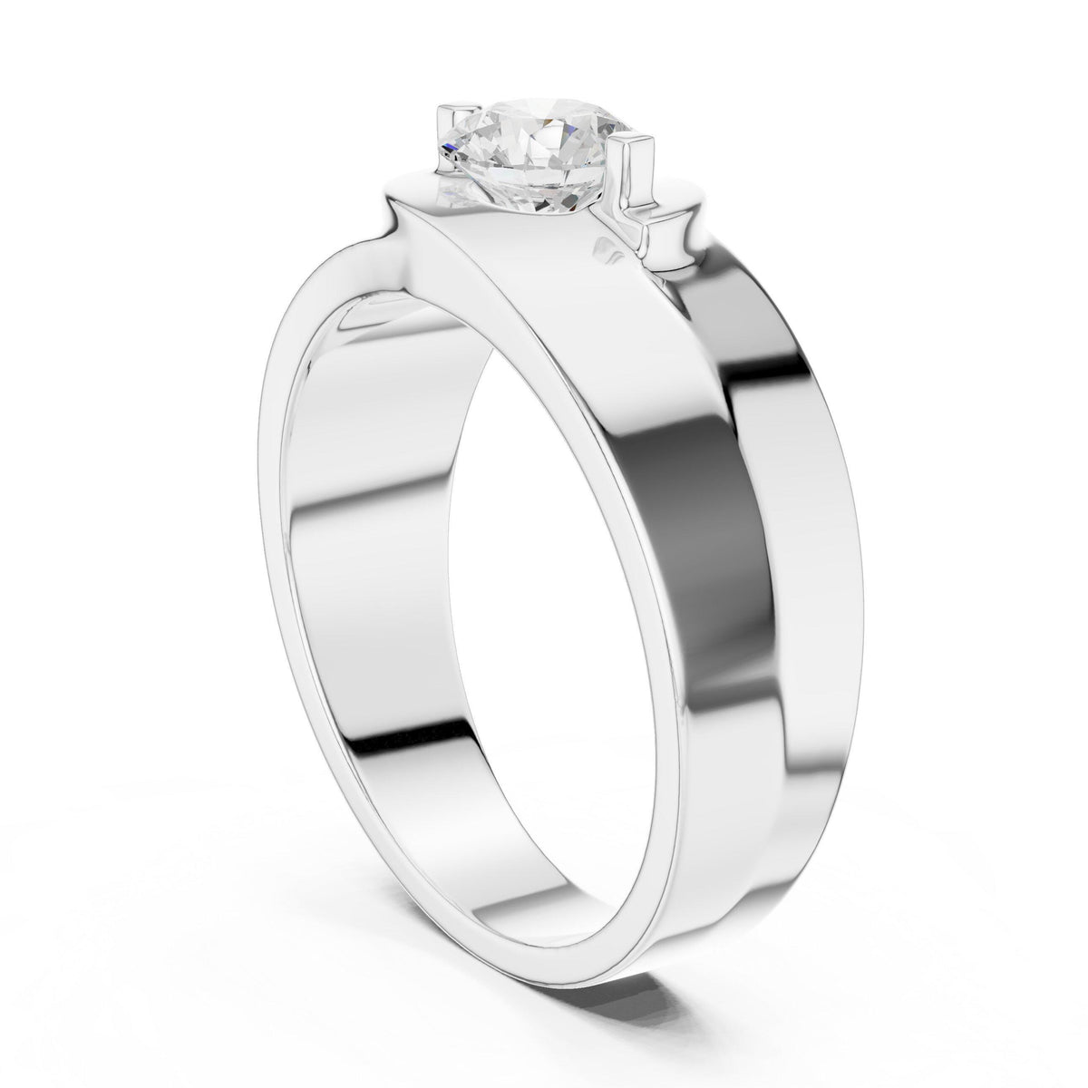 Men's Round Moissanite Ring, Tapered Wide Band – 925 Sterling Silver, 18K Gold Vermeil