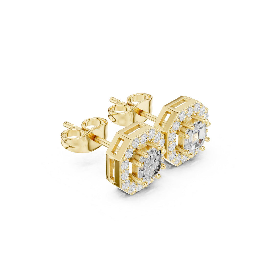 Emerald-Cut Moissanite Octagon Halo Stud Earrings – 925 Sterling Silver, 18K Gold Vermeil