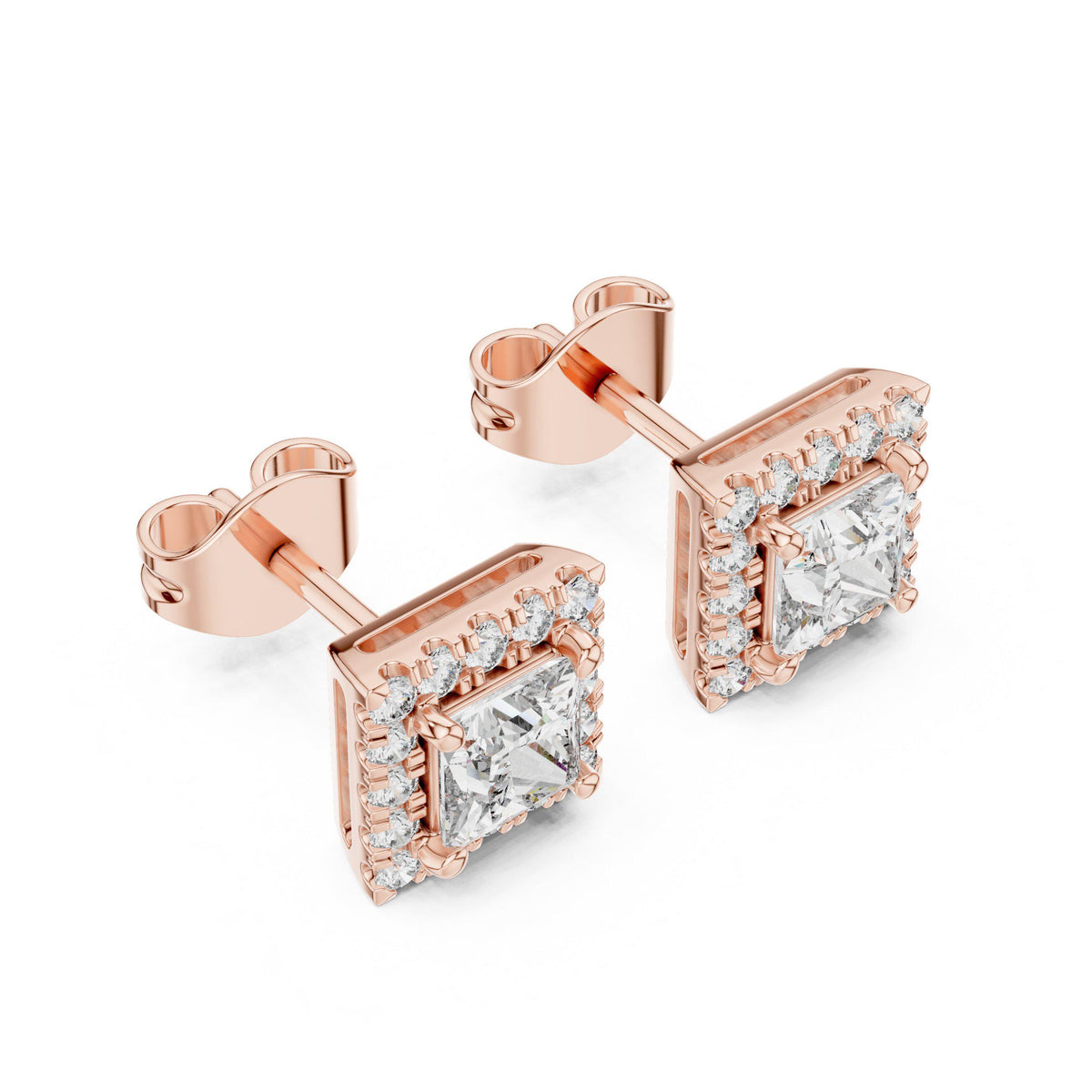 Princess Moissanite Square Halo Stud Earrings – 925 Sterling Silver, 18K Gold Vermeil