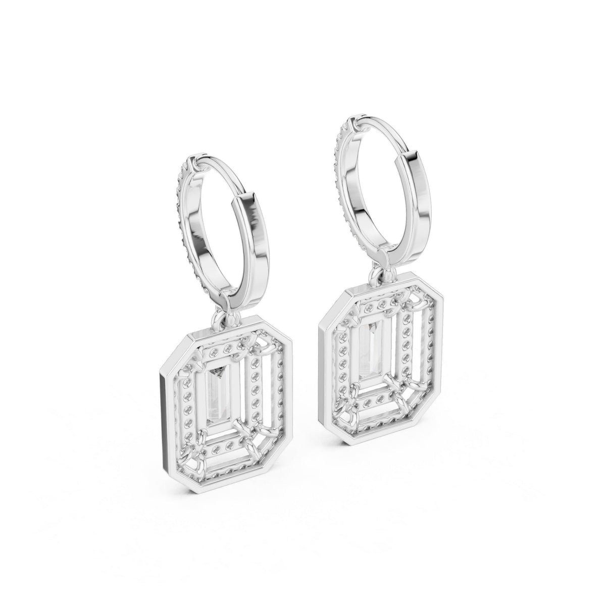 Emerald-Cut Moissanite Double-Halo Drop Earrings – 925 Sterling Silver, 18K Gold Vermeil