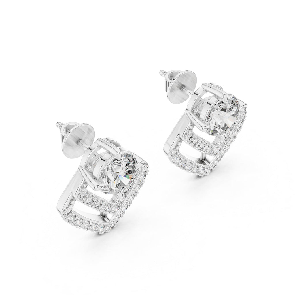 Round Moissanite Chevron Halo Stud Earrings – 925 Sterling Silver, 18K Gold Vermeil