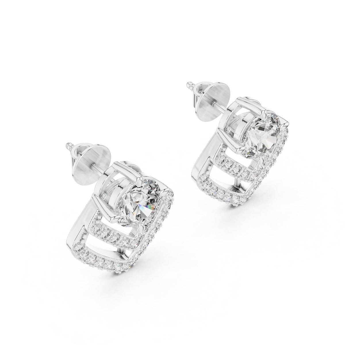 Round Moissanite Chevron Halo Stud Earrings – 925 Sterling Silver, 18K Gold Vermeil