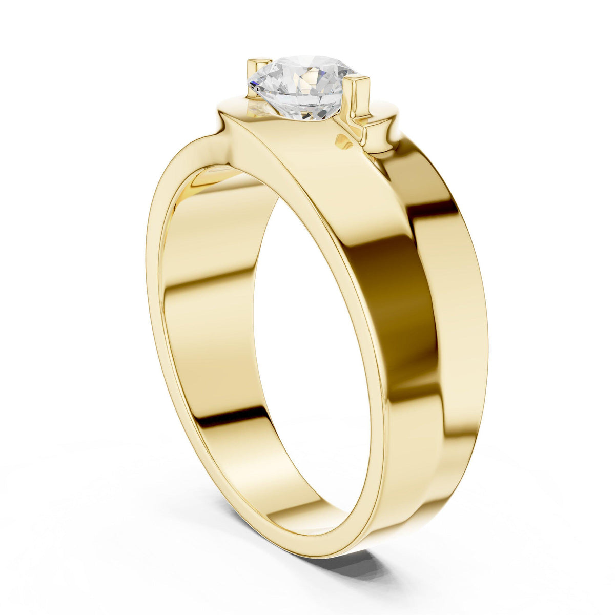 Men's Round Moissanite Ring, Tapered Wide Band – 925 Sterling Silver, 18K Gold Vermeil