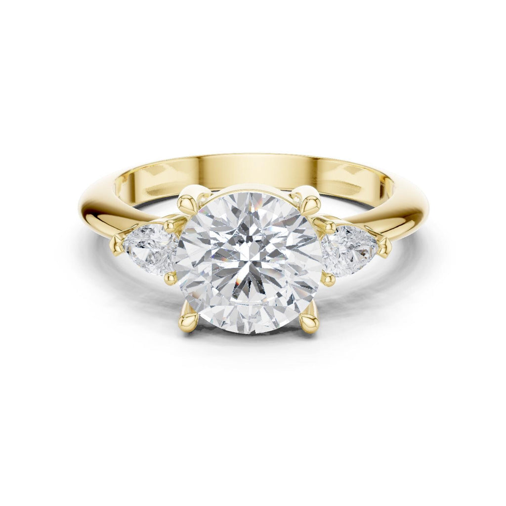 Round Moissanite Three-Stone Ring with Pear Side Stones – 925 Sterling Silver, 18K Gold Vermeil