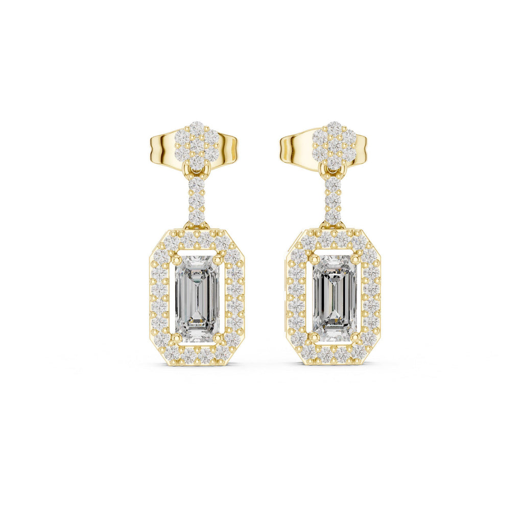 Emerald-Cut Moissanite Octagon Halo Drop Earrings – 925 Sterling Silver, 18K Gold Vermeil