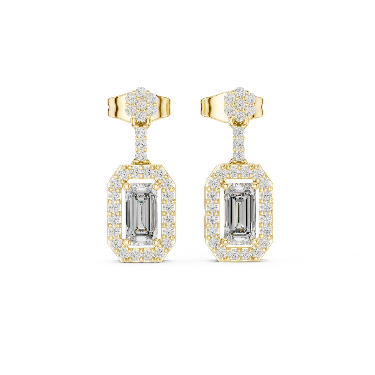 Emerald-Cut Moissanite Octagon Halo Drop Earrings – 925 Sterling Silver, 18K Gold Vermeil