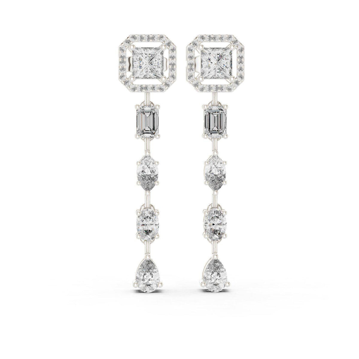 Princess Halo Moissanite Linear Drop Earrings – 925 Sterling Silver, 18K Rose Gold Vermeil