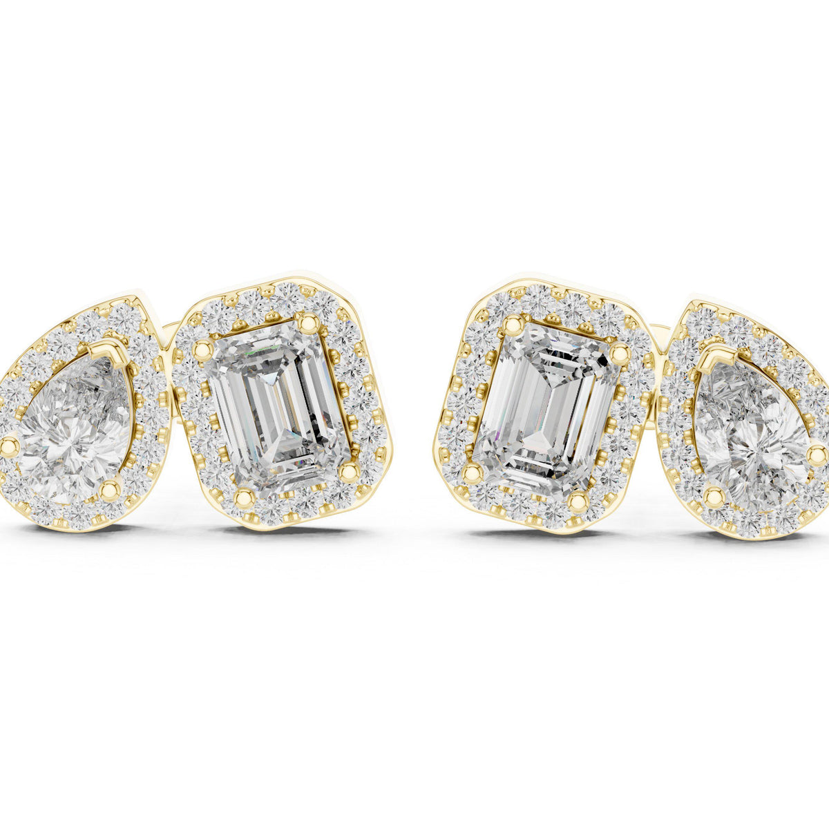 Pear & Emerald-Cut Moissanite Halo Toi et Moi Stud Earrings – 925 Sterling Silver, 18K Gold Vermeil