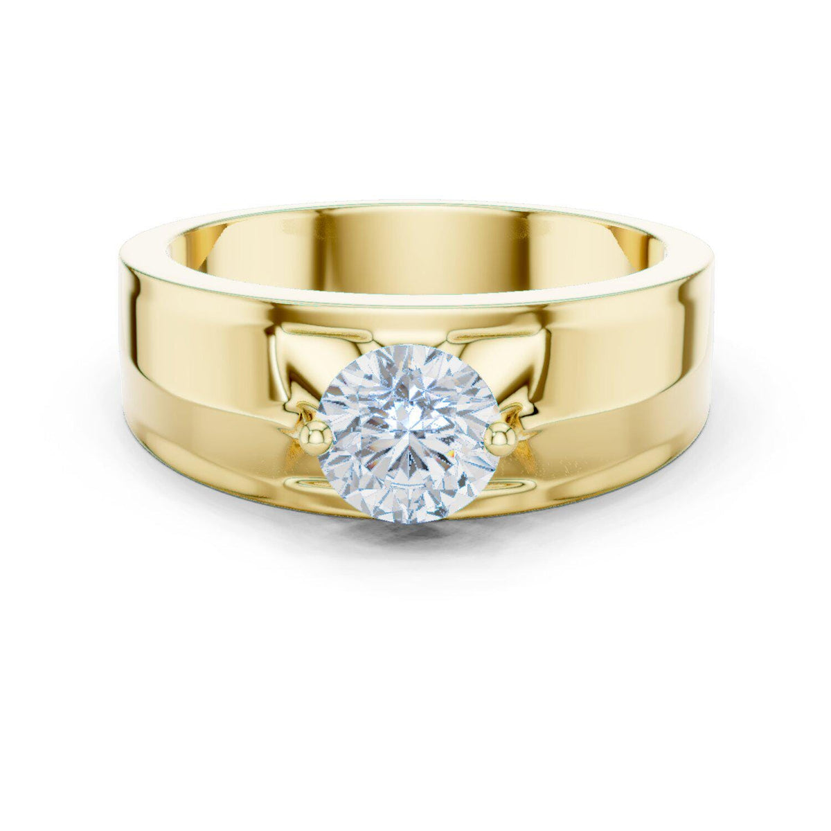 Men's Round Moissanite Ring with Winged Prongs, Flat Band – 925 Sterling Silver, 18K Gold Vermeil