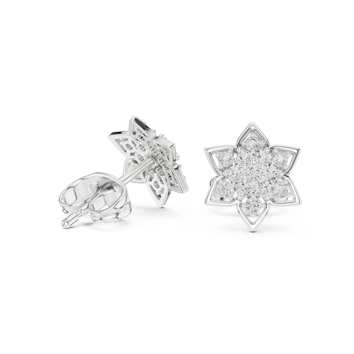 Moissanite Pavé Star Flower Stud Earrings – 925 Sterling Silver, 18K Gold Vermeil