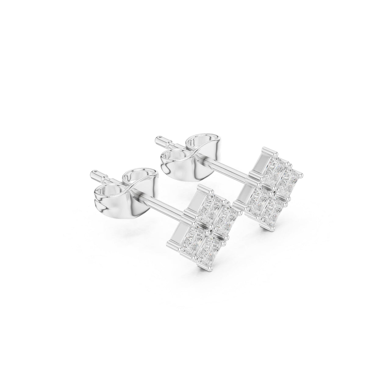Princess Moissanite Four-Stone Stud Earrings – 925 Sterling Silver, 18K Gold Vermeil