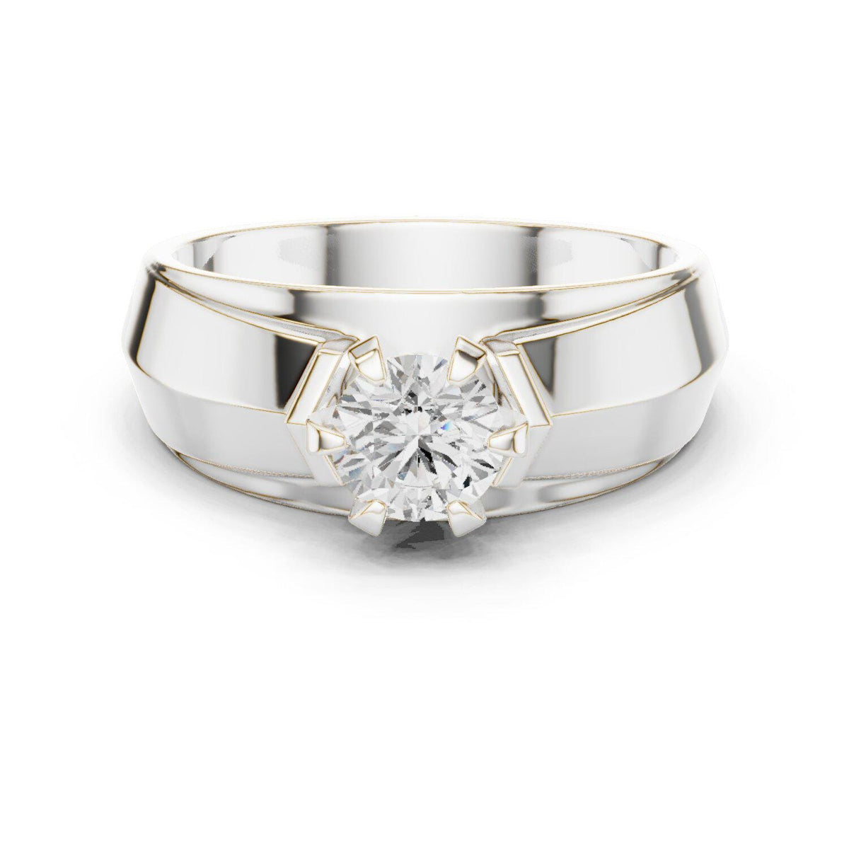 Men's Round Moissanite Ring, Split Angled Band – 925 Sterling Silver, 18K Gold Vermeil