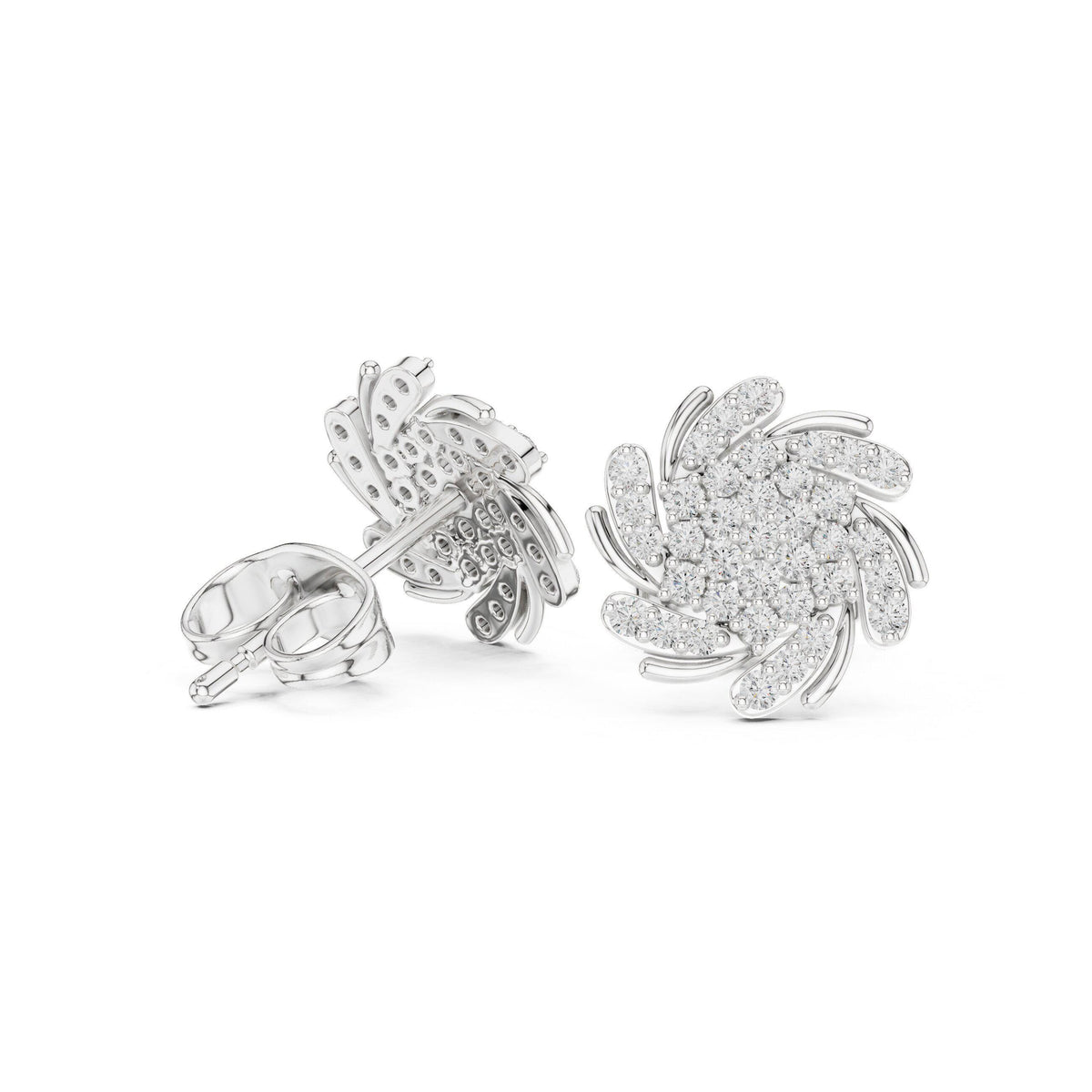 Moissanite Pavé Swirl Flower Stud Earrings – 925 Sterling Silver, 18K Gold Vermeil