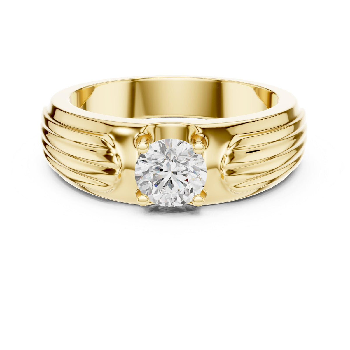 Men's Round Moissanite Solitaire Ring, Grooved Shoulders – 925 Sterling Silver, 18K Gold Vermeil