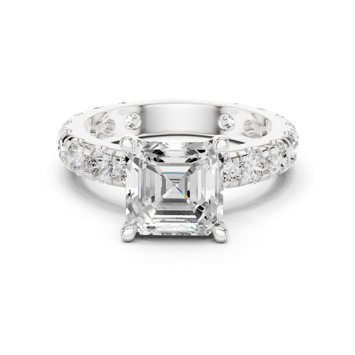 Asscher-Cut Moissanite Ring with Pavé Band – 925 Sterling Silver, 18K Gold Vermeil
