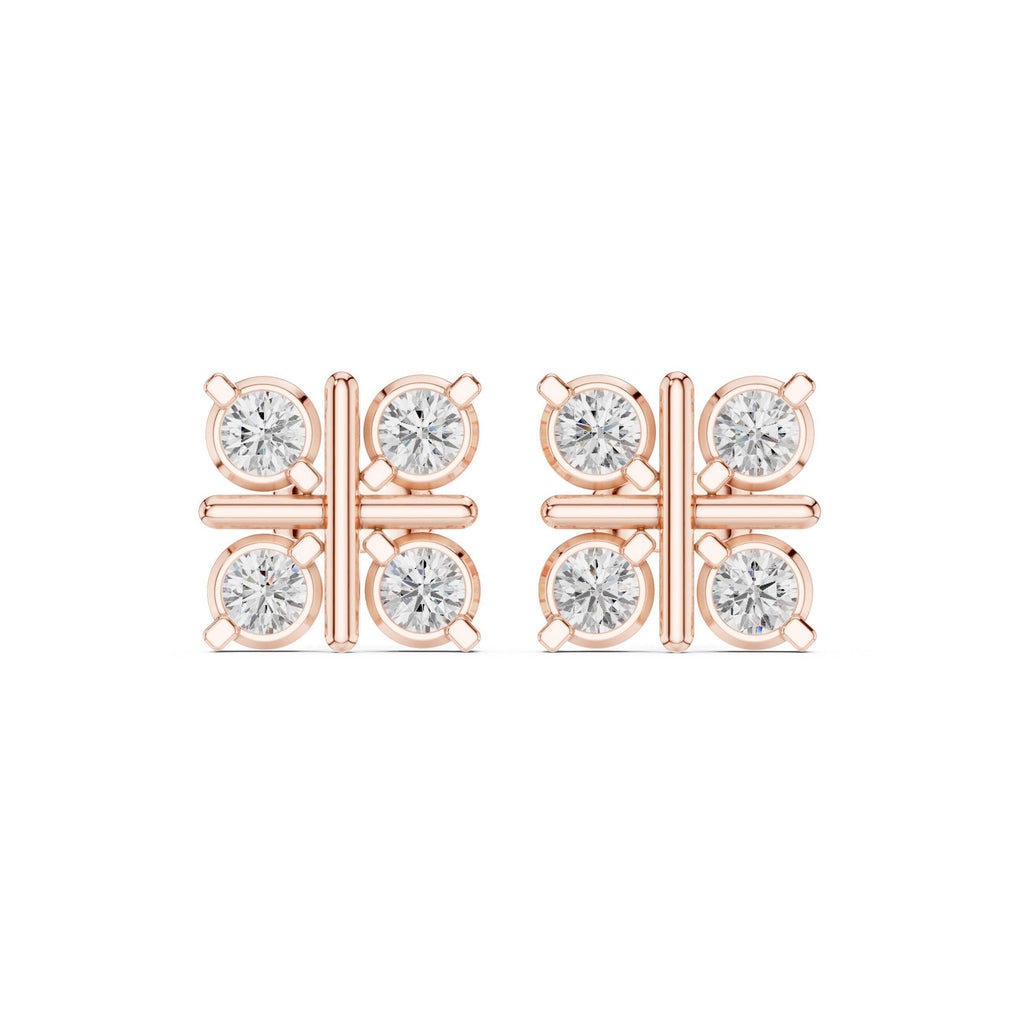 Round Moissanite Four-Square Stud Earrings – 925 Sterling Silver, 18K Gold Vermeil
