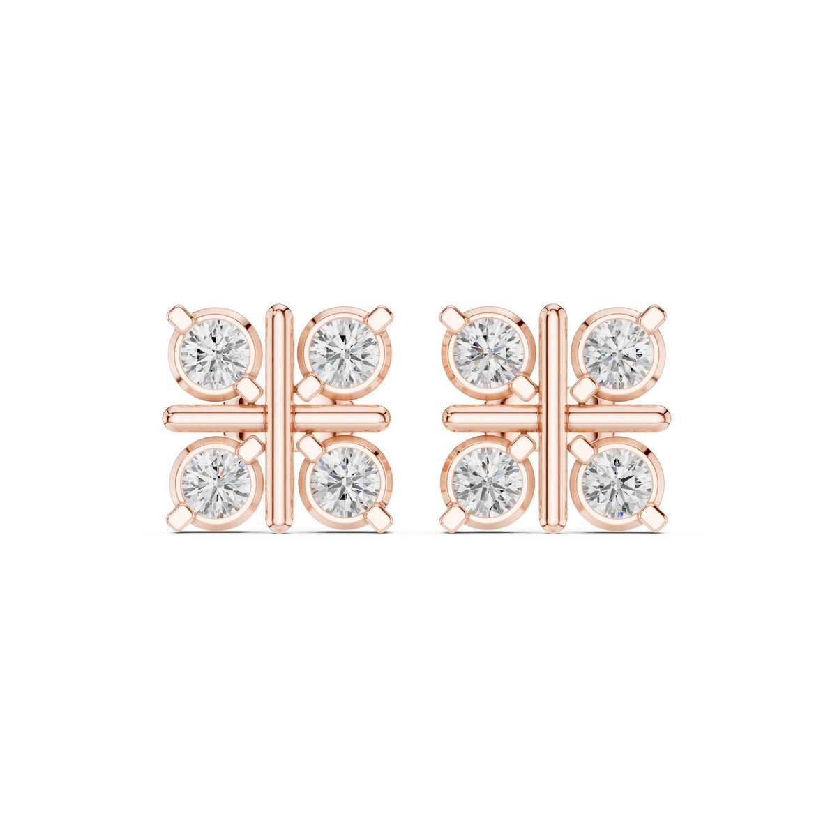 Round Moissanite Four-Square Stud Earrings – 925 Sterling Silver, 18K Gold Vermeil