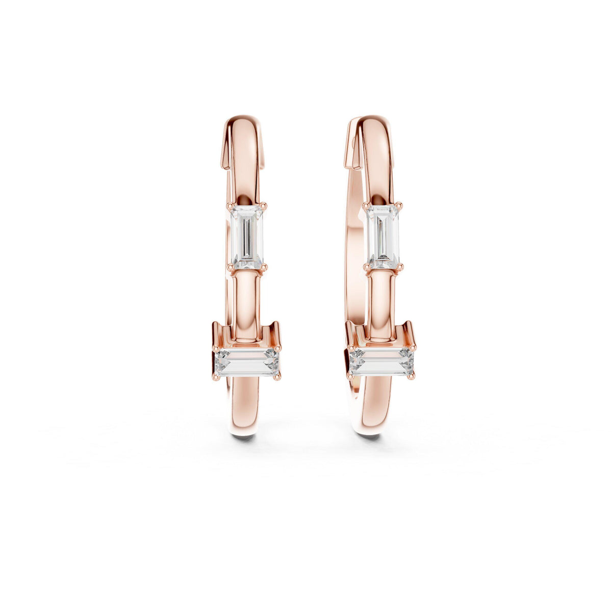 Baguette Moissanite Station Hoop Earrings – 925 Sterling Silver, 18K Gold Vermeil