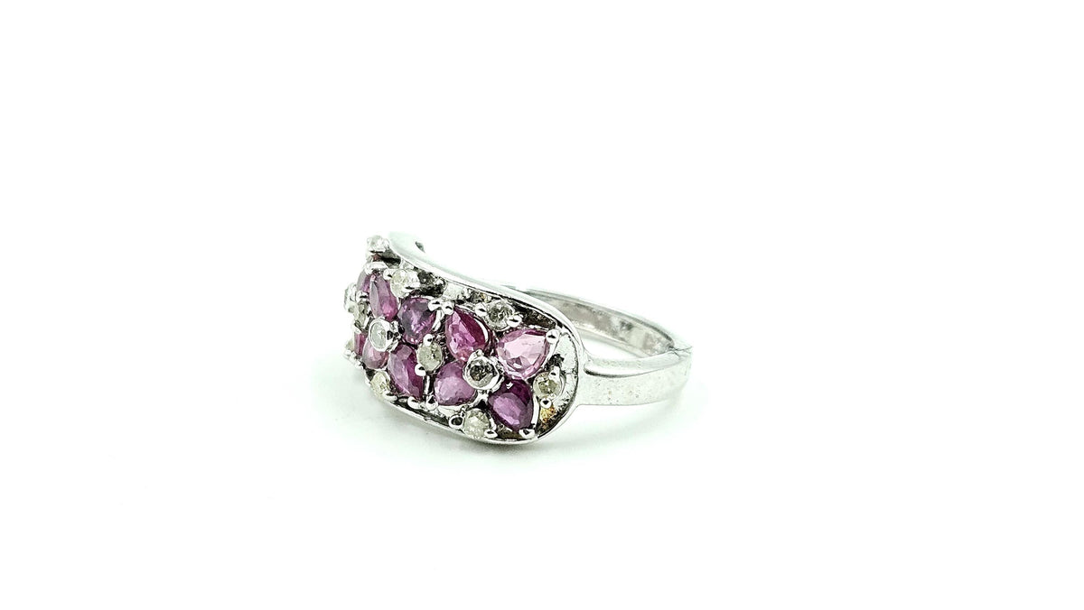 Wide Mixed-Cut Ruby & Diamond Band Ring – 925 Sterling Silver, 18K White Gold Vermeil