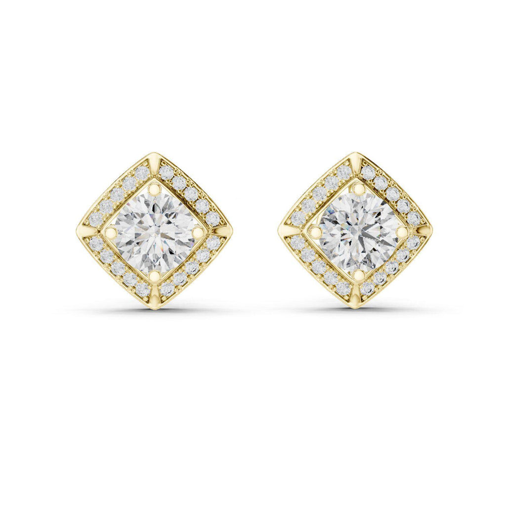 Square Halo Round Moissanite Stud Earrings – 925 Sterling Silver, 18K Gold Vermeil