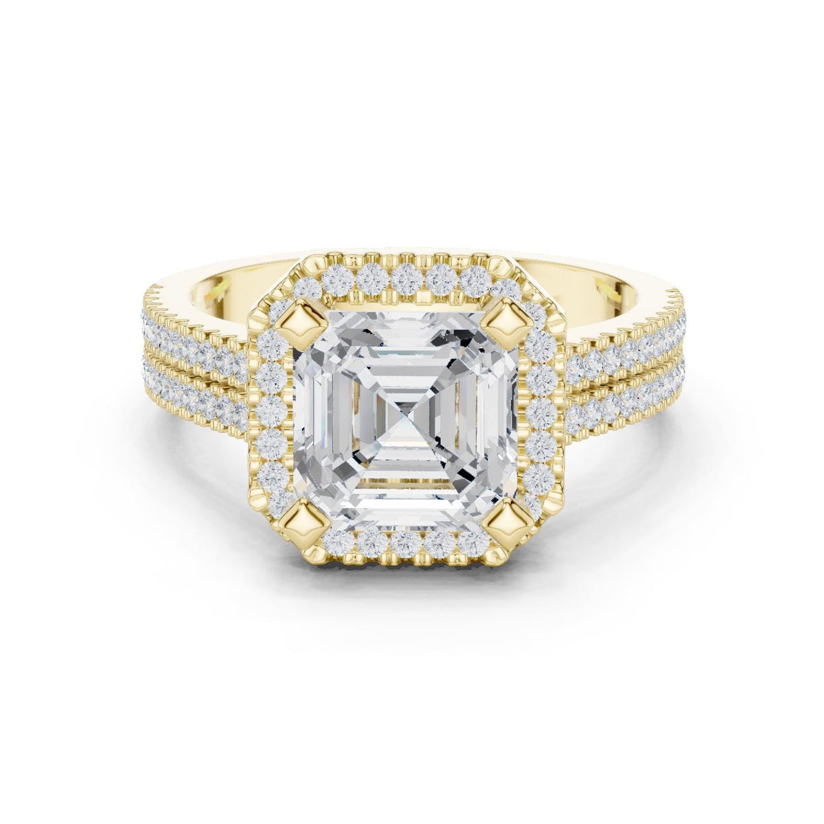 Asscher-Cut Moissanite Halo Ring with Triple-Row Pavé Band – 925 Sterling Silver, 18K Gold Vermeil
