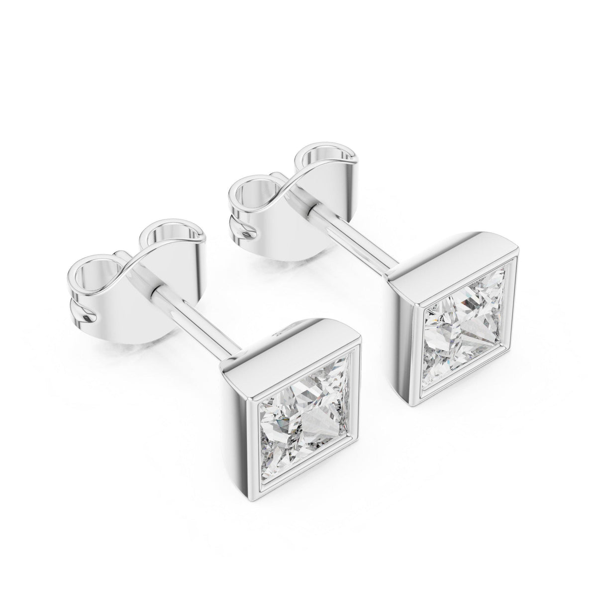 Princess Moissanite Bezel Stud Earrings – 925 Sterling Silver, 18K Gold Vermeil