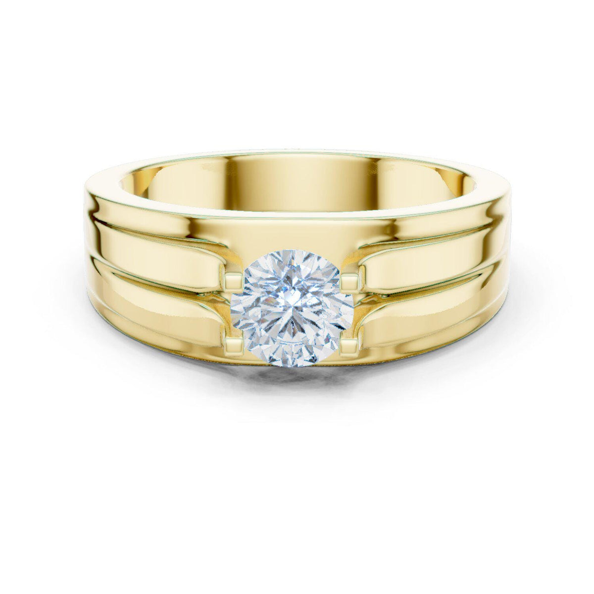 Men's Round Moissanite Ring, Double-Groove Band – 925 Sterling Silver, 18K Gold Vermeil