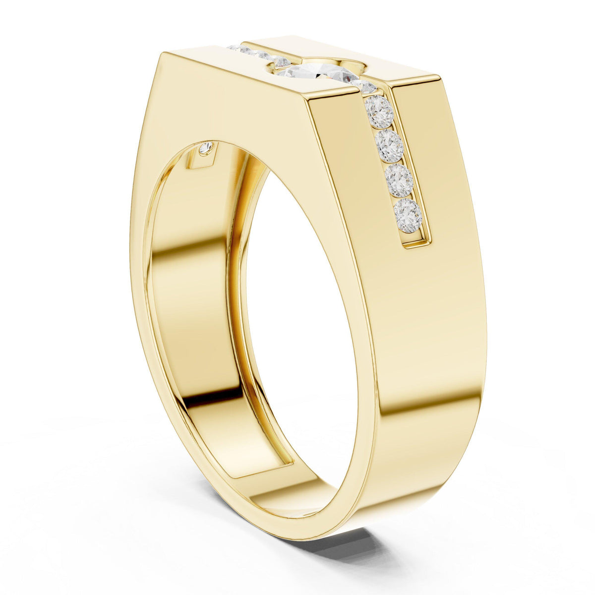 Men's Round Moissanite Ring with Channel Strip, Hexagon Top – 925 Sterling Silver, 18K Gold Vermeil